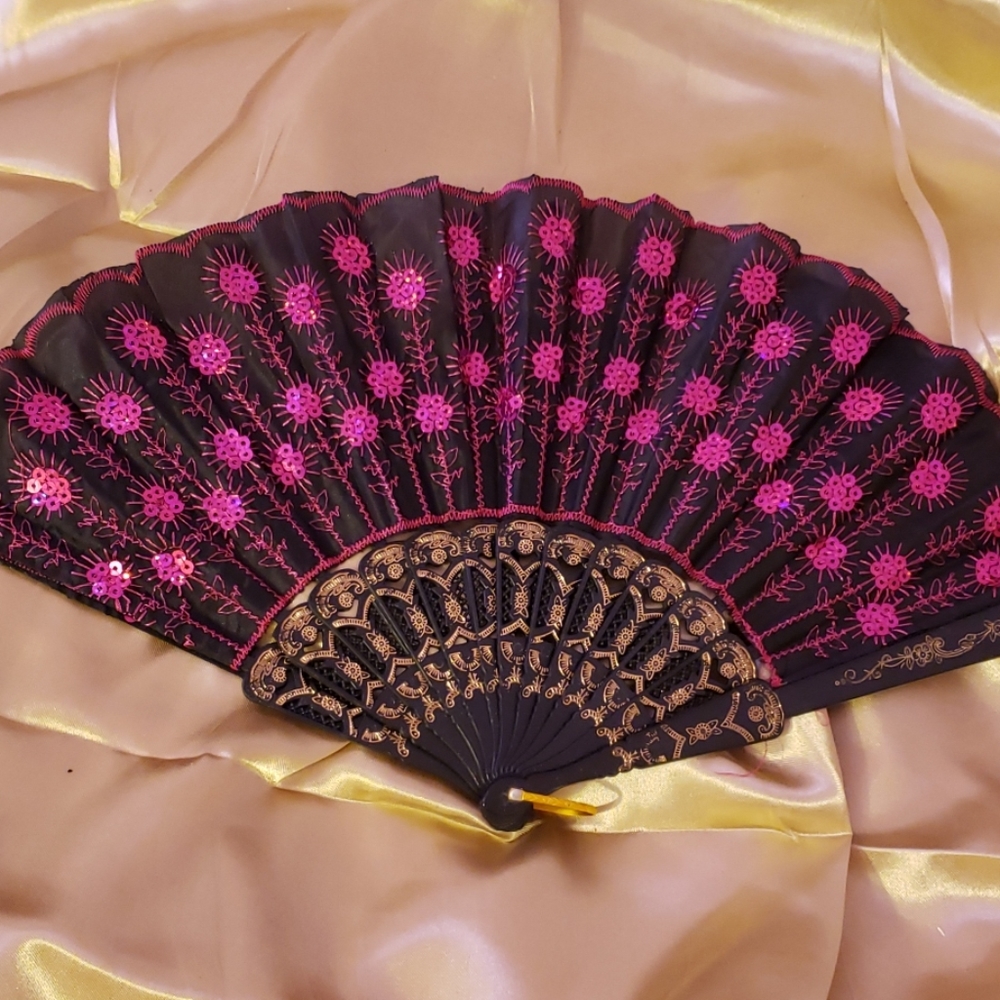 Pink & Black Sequin Embroidered Fan
